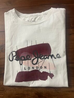 Pepe Jeans White Short Sleeve Tee with Burgundy and Blush Graphic